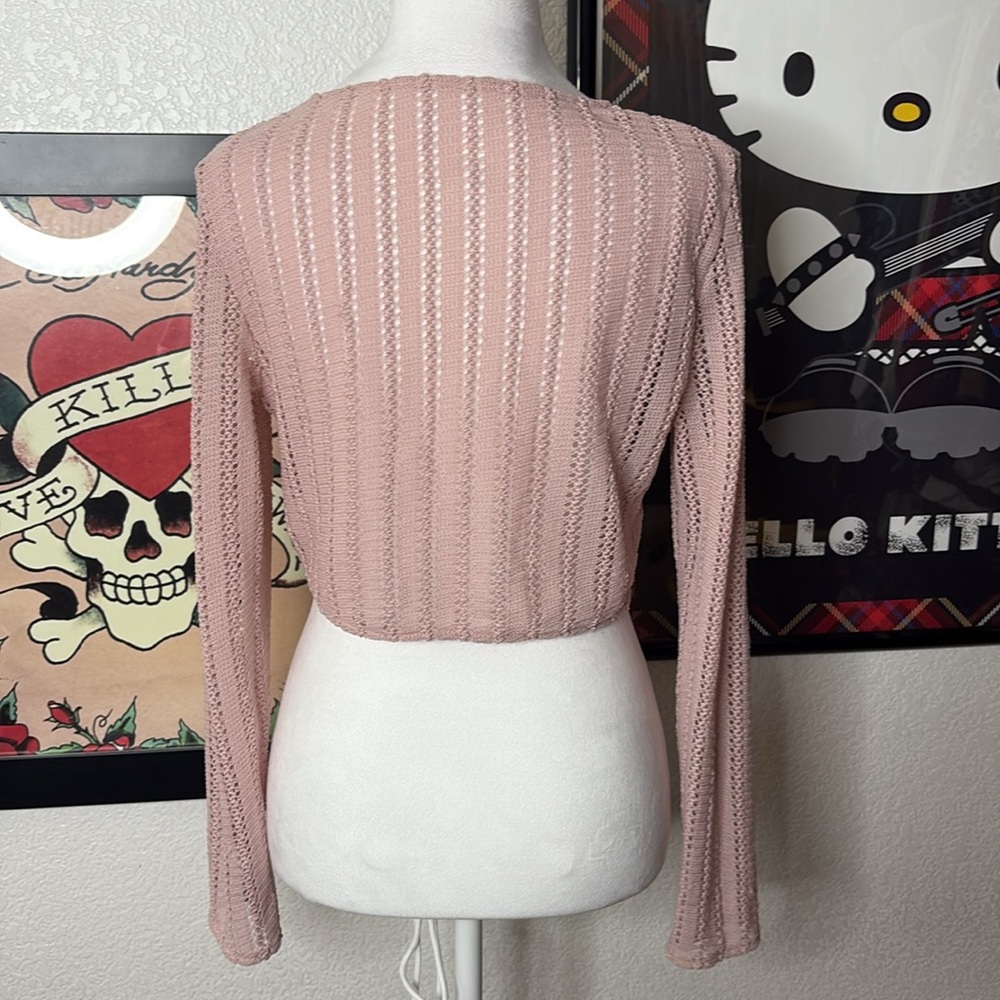 Dusty Pink Knit Twist Front Crop Long Sleeve Top Coquette Balletcore Soft Girl - Picture 2 of 6